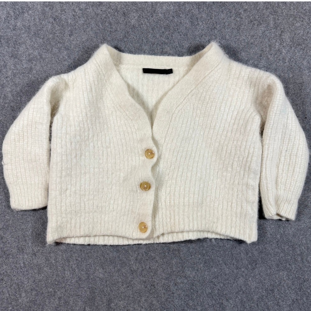Jenni Kayne Cardigan Womens M Ivory Alpaca Wool Ribbed Cropped V-Neck Sweater